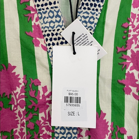 THML Women’s Tie Waist Puff Sleeves Dress with Green and Pink Floral Stripes L - Picture 6 of 10